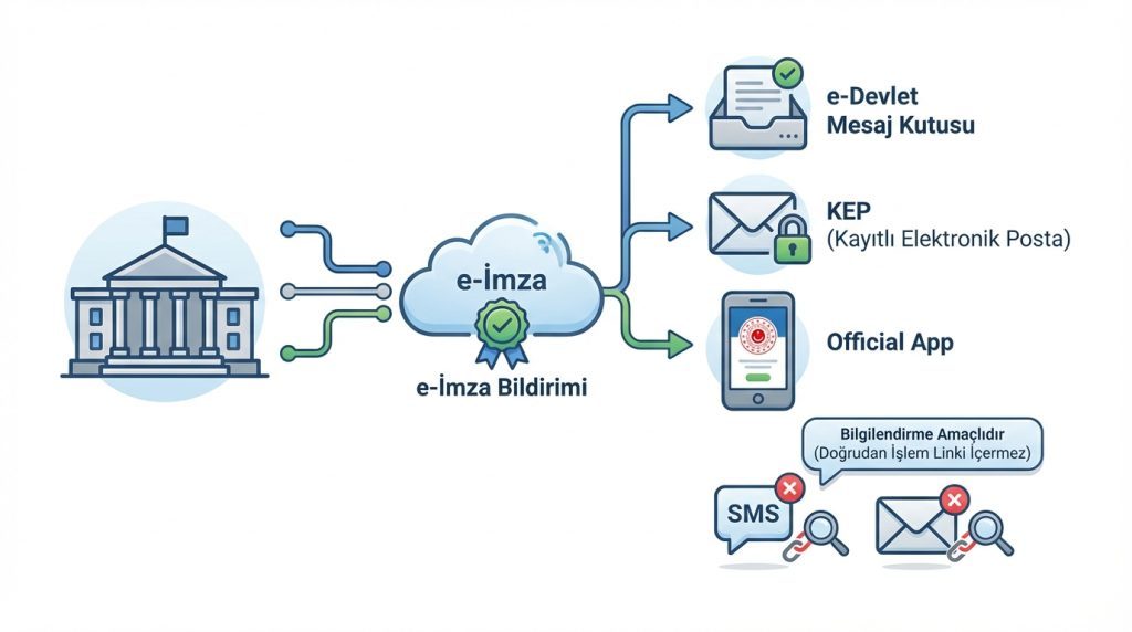 Resmi kurumlar hangi kanallardan e-imza bildirimi gönderir?