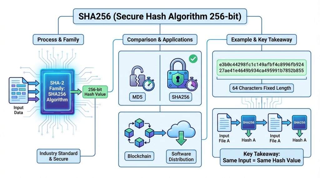 Dosya bütünlüğü nedir? SHA256/MD5 ne işe yarar? 2 SHA256 (Secure Hash Algorithm 256-bit)