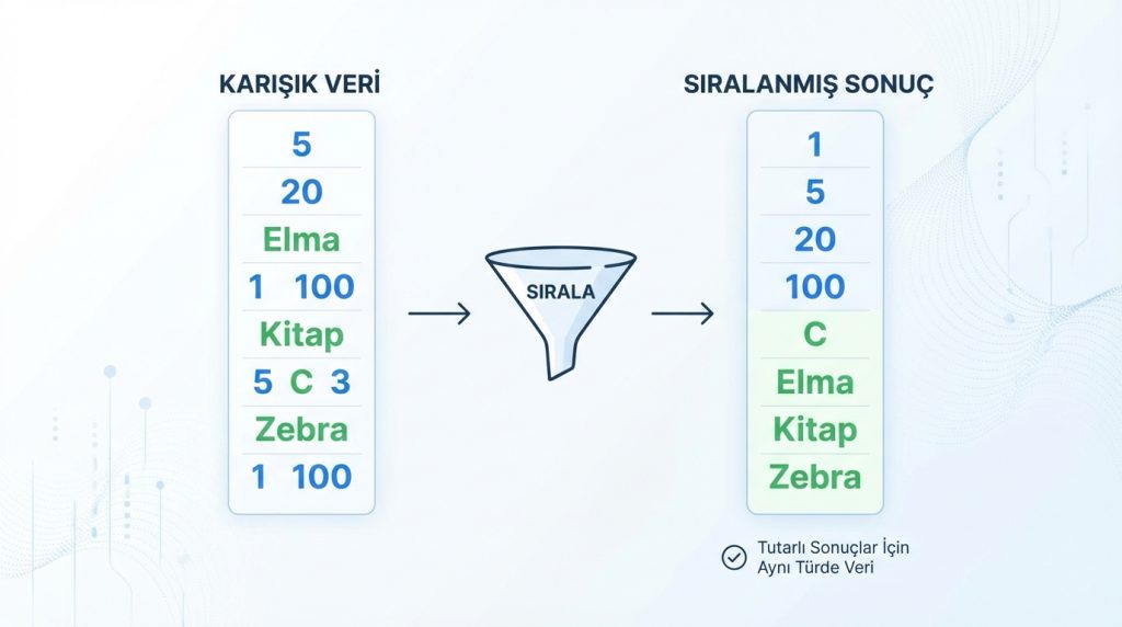 SIRALA fonksiyonu metin ve sayıları birlikte sıralar mı?