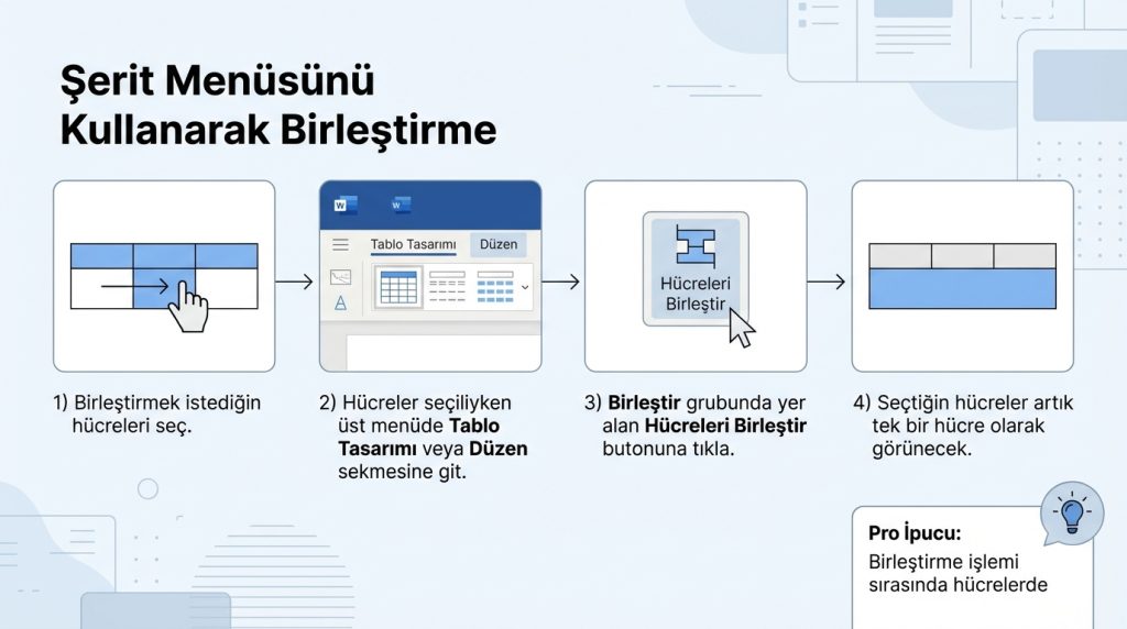 Word’de Tablo Hücrelerini Birleştirme ve Bölme 2 Şerit Menüsünü Kullanarak Birleştirme