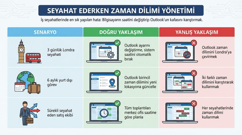 Outlook’ta Zaman Dilimi Time Zone ile Toplantı Planlama Mantığı 3 Seyahat Ederken Zaman Dilimi Yönetimi