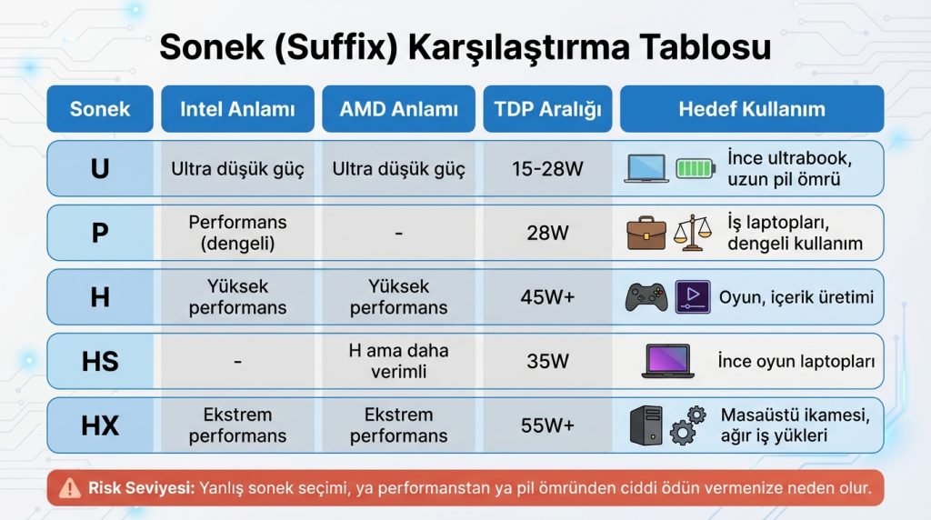 Laptop alırken işlemci model adları nasıl okunur? 3 Sonek (Suffix) Karşılaştırma Tablosu