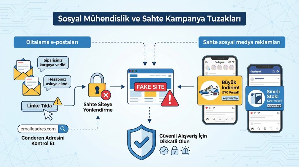 Online alışverişte dolandırıcılık kontrol listesi 3 Sosyal Mühendislik ve Sahte Kampanya Tuzakları