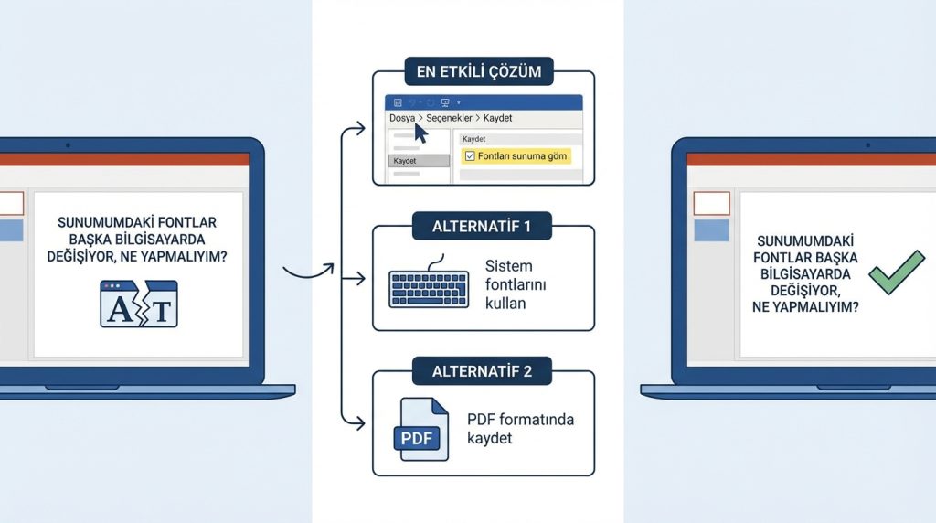 PowerPoint’te Sunum Kontrol Listesi Teslim Öncesi Son Adımlar 5 Sunumumdaki fontlar başka bilgisayarda değişiyor, ne yapmalıyım?