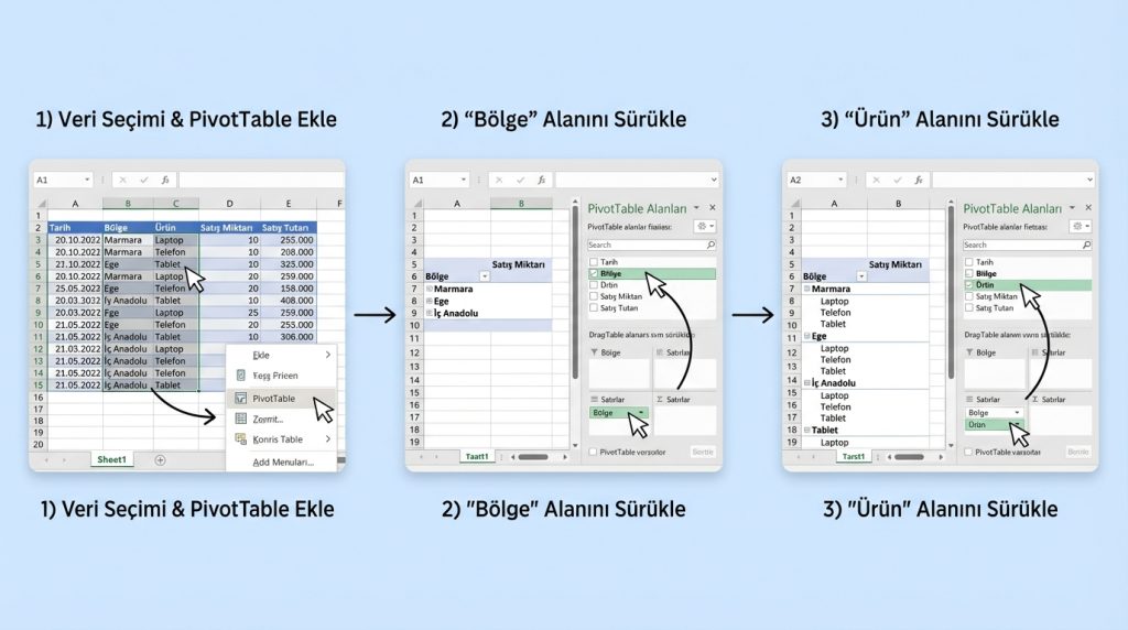Sürükle-Bırak ile Adım Adım Rapor Oluşturma