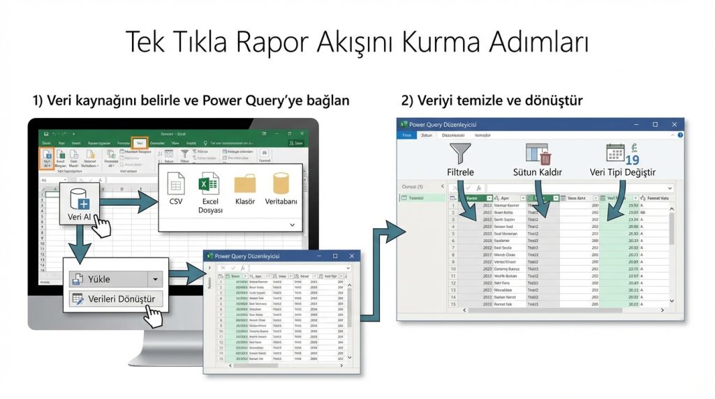 Excel’de “Tek Tıkla Rapor” Mantığı: Power Query + PivotTable Akışı 3 Tek Tıkla Rapor Akışını Kurma Adımları