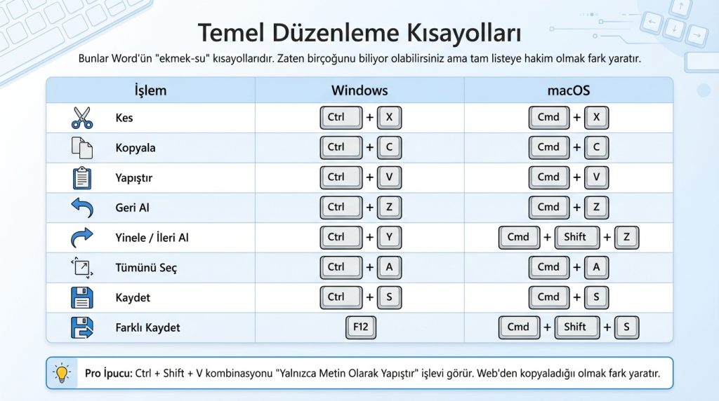 Temel Düzenleme Kısayolları
