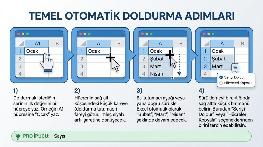 Excel’de Veri Girişi Hızlandırma: Otomatik Doldurma ve Akıllı İpuçları 2 Temel Otomatik Doldurma Adımları