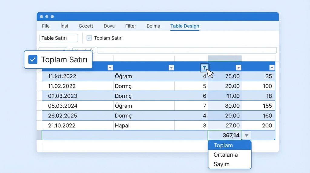 Excel Tablo (Ctrl+T) Nedir? Neden Normal Aralıktan Daha İyi? 3 Toplam Satırı
