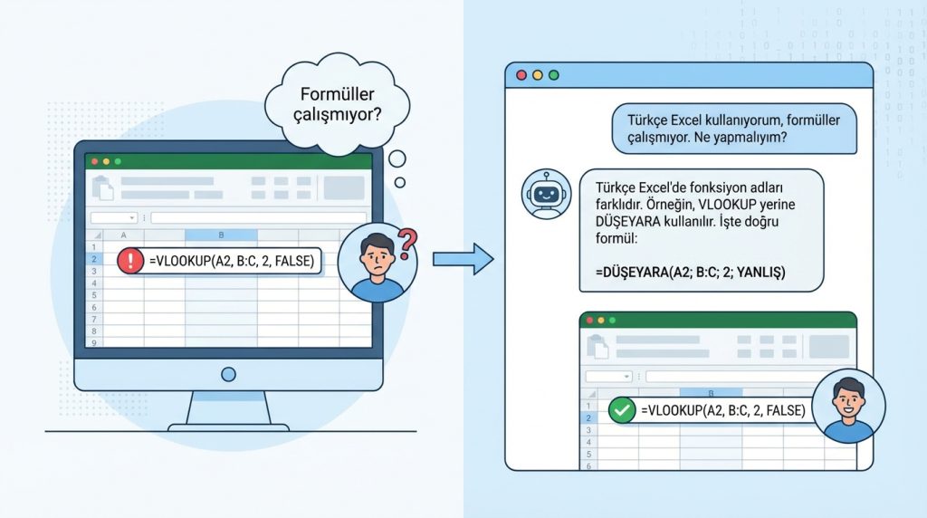 Türkçe Excel kullanıyorum, formüller çalışmıyor. Ne yapmalıyım?