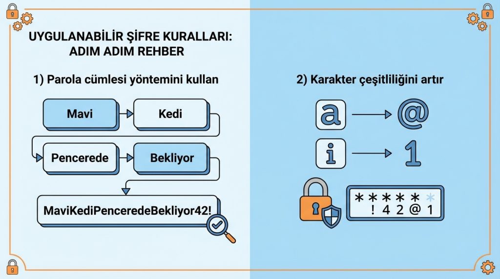 Güçlü şifre nasıl oluşturulur? Uygulanabilir şifre kuralı 2 Uygulanabilir Şifre Kuralları: Adım Adım Rehber