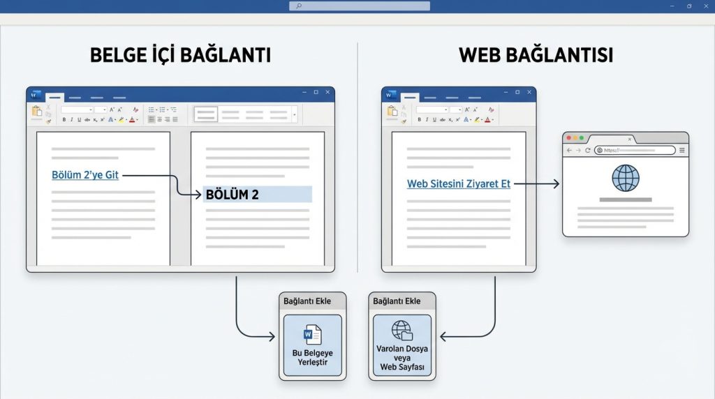 Word'de belge içi bağlantı ile web bağlantısı arasındaki fark nedir?