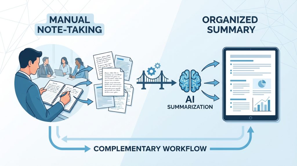 Yapay Zekâ ile Toplantı Notlarını Özetleme 5 Yapay zekâ özetleme, not tutmayı tamamen ortadan kaldırır mı?