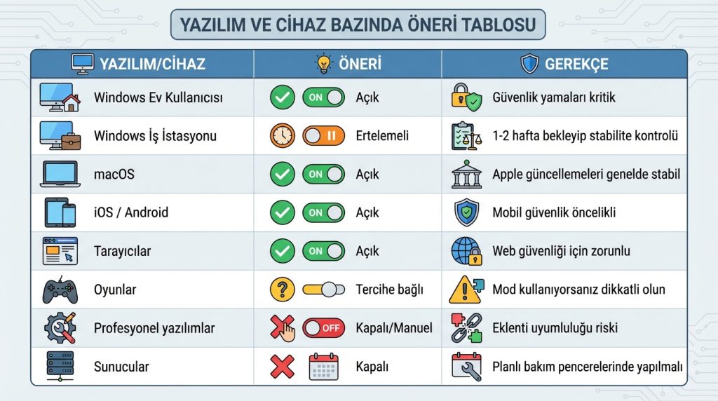 Yazılım ve Cihaz Bazında Öneri Tablosu