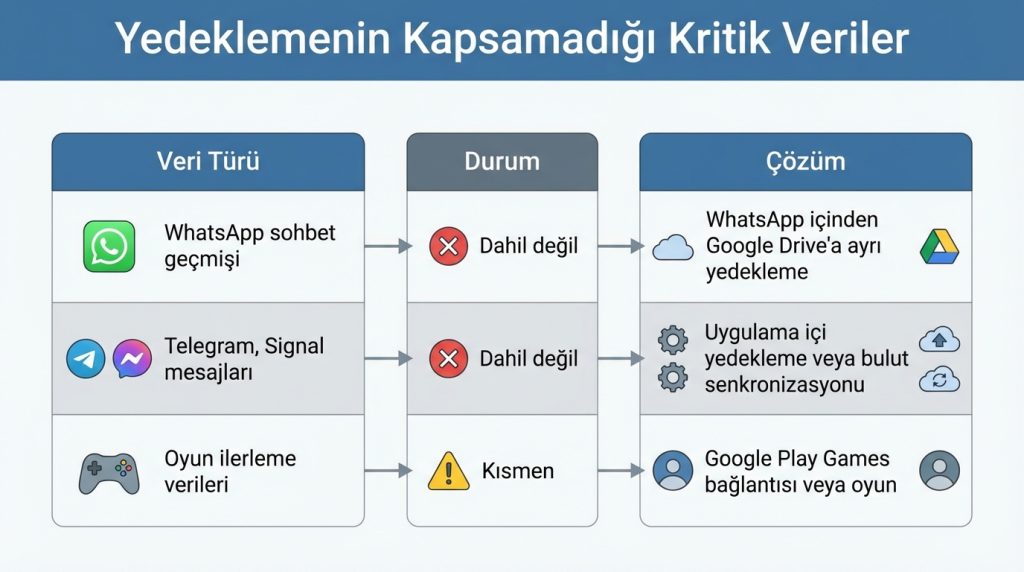 Android’de yedekleme nedir? Neyi kurtarır, neyi kurtarmaz? 2 Yedeklemenin Kapsamadığı Kritik Veriler