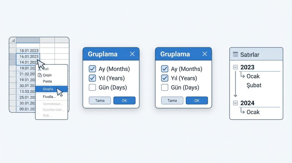 Excel’de PivotTable ile Gruplama: Tarihleri Ay/Ay+Yıl Bazında Özetleme 3 Yıl ve Ay Kombinasyonu İçin Adımlar