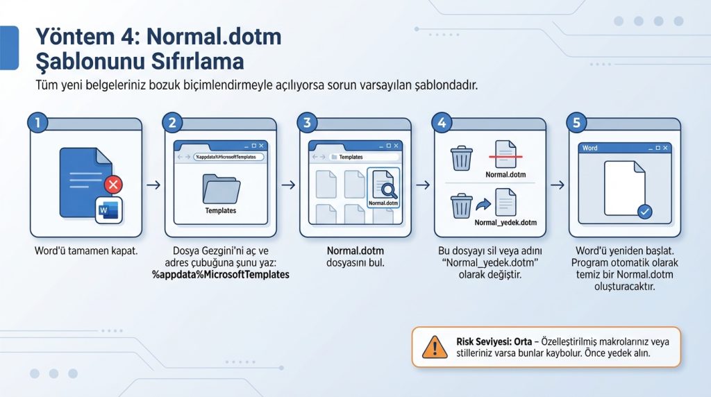Word’de Sık Kullanılan Hatalar: Bozuk Biçimlendirme Nasıl Sıfırlanır? 3 Yöntem 4: Normal.dotm Şablonunu Sıfırlama