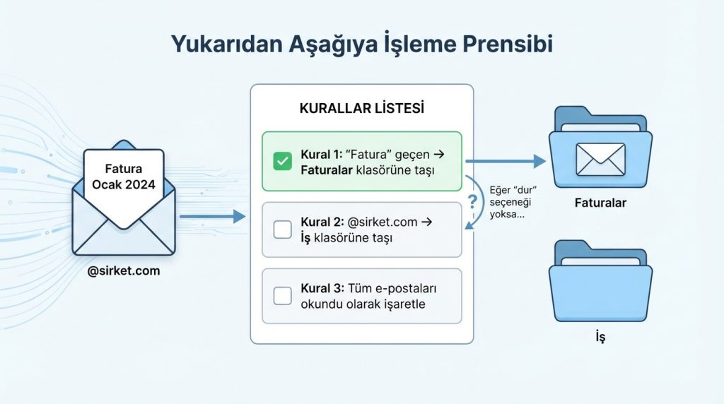 Outlook’ta Kurallar Neden Çakışır? Öncelik Sırası Mantığı 2 Yukarıdan Aşağıya İşleme Prensibi