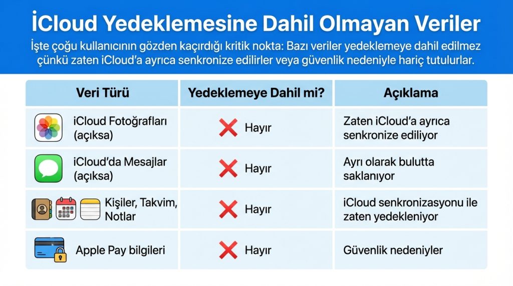 iCloud Yedeklemesine Dahil Olmayan Veriler