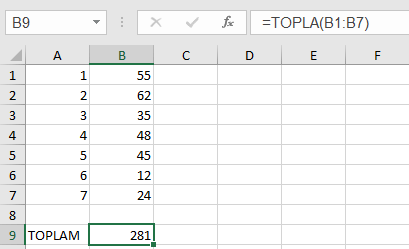 microsoft excel toplama işlemi